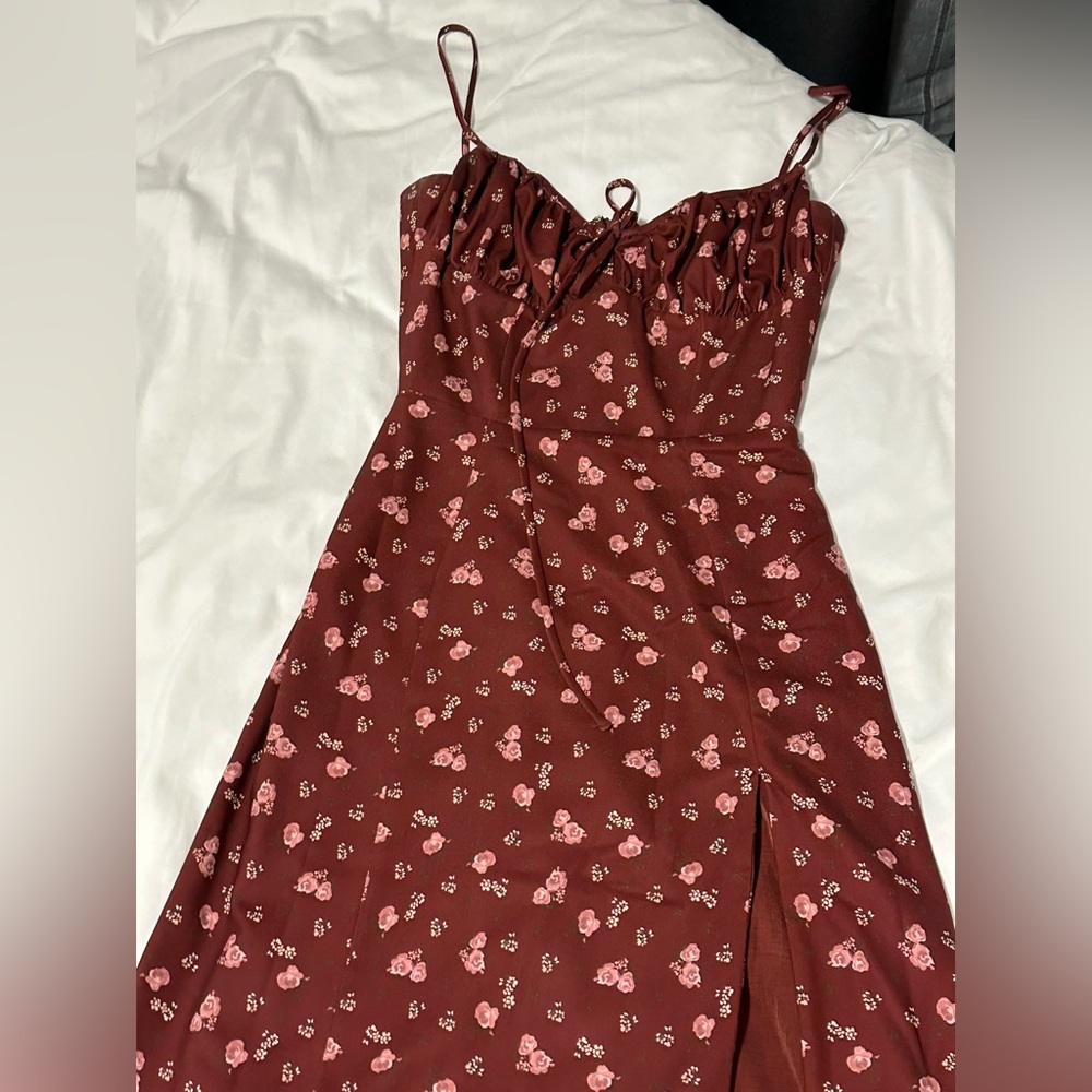 House of CB Carina Wine Floral Bustier midi Dress - Picture 6 of 7